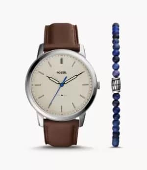 Fossil Men Minimalist Three-Hand Brown Eco Leather Watch and Bracelet Set