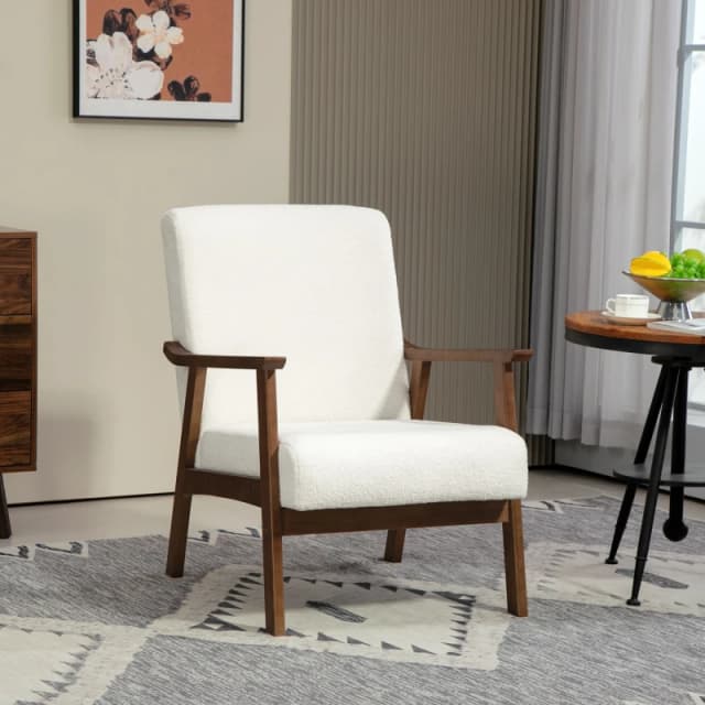 HOMCOM White Boucle Accent Chair Armchair W/ Wide Seat for Living Room Bedroom - White TJ Hughes 5056725591502