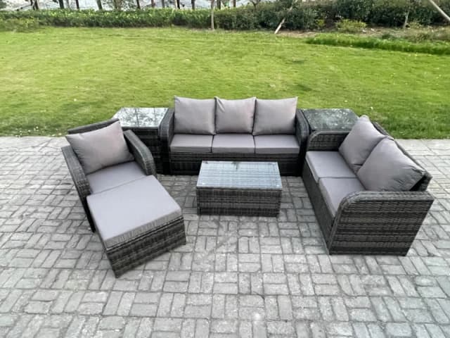 Fimous Patio Garden Furniture Sets Wicker 7 Seater Outdoor Rattan Furniture Sofa Sets with Rectangular Coffee Table Reclining Chair 3 Seater Sofa Dark