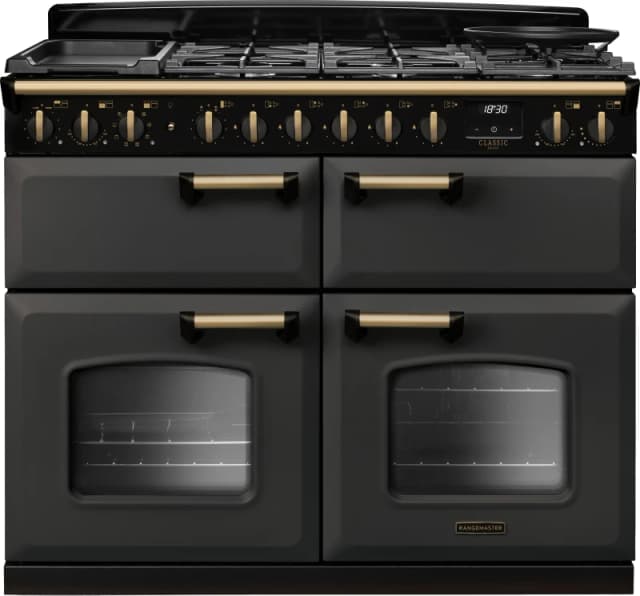 Rangemaster Classic Deluxe 110 CLDLB110DFPSLT/AB1 110cm wide Dual Fuel Range Cooker with Gas Hob - Slate / Antique Brass - A/A/A Rated