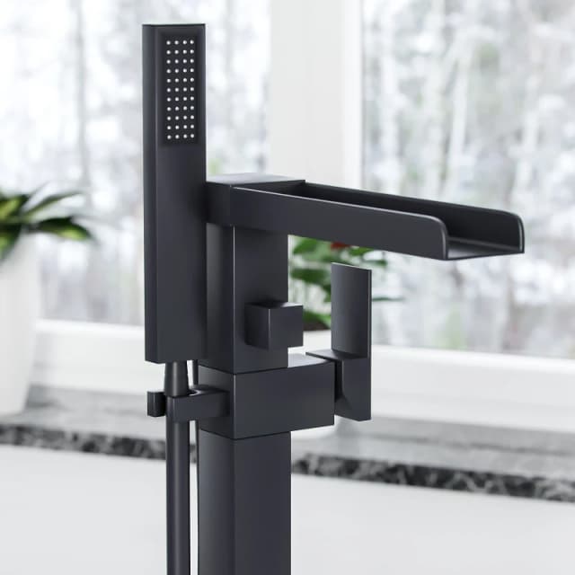 Nes Home Matte Black Laura Waterfall Freestanding Bath Shower Mixer Tap Black Unisex
