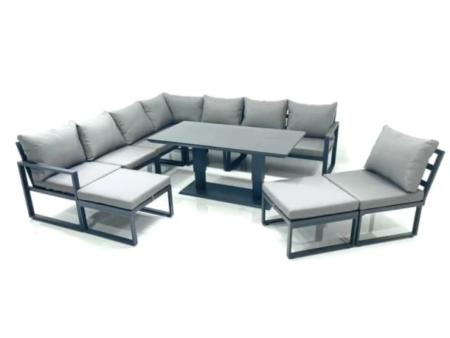Fimous 10 Seater Outdoor Aluminum Garden Furniture Set Corner Sofa 2 Big Footstools Rising Lifting Dining Table Sets Dark Grey Dark Grey Unisex