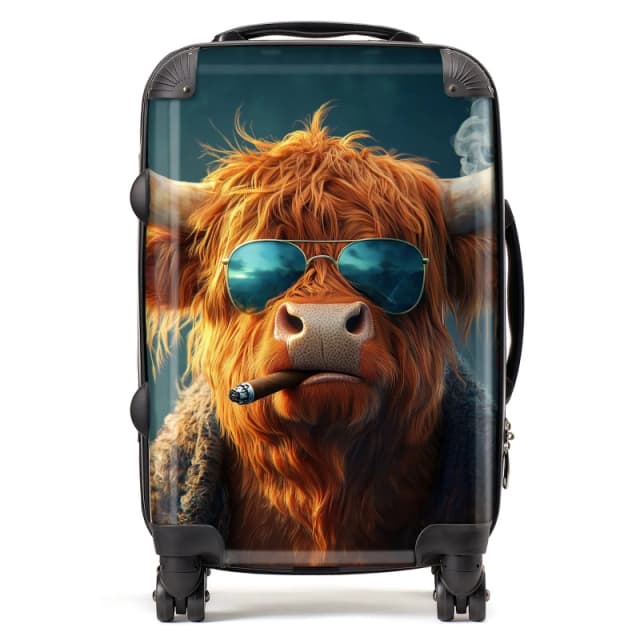 Warren Reed - Designer Highland Cow With Glasses Suitcase in Blue Size: Cabin Blue Unisex Cabin