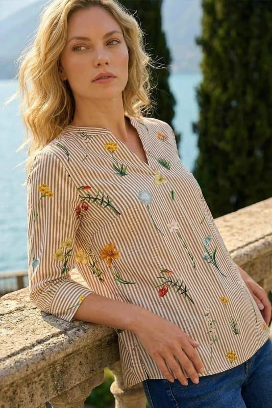 Roman Womens Floral Stripe Pleated Top in Taupe Size: 10 Taupe Female 10