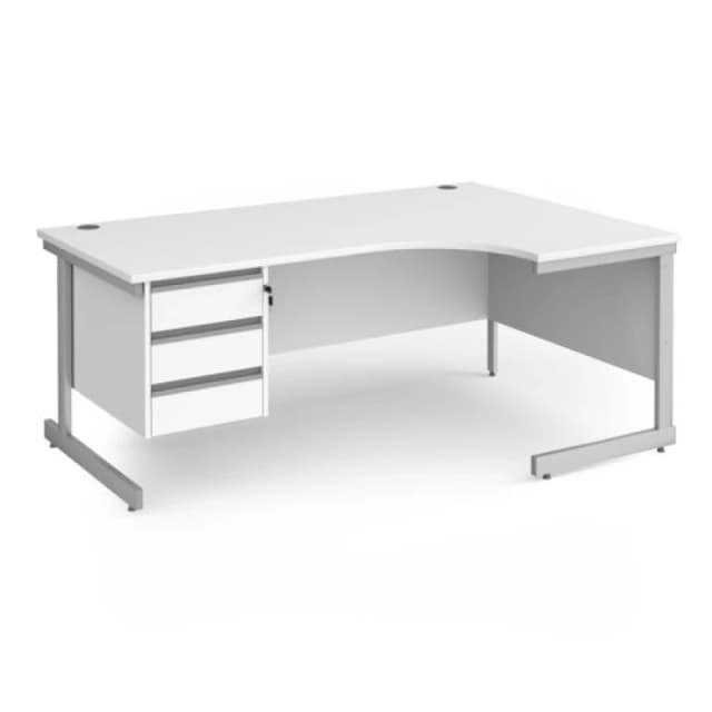 Contract 25 Office Desk Right Hand Corner Desk 1800mm With Pedestal White Top With Silver Frame 1200mm Depth Contract 25 CC18ER3-S-WH White CC