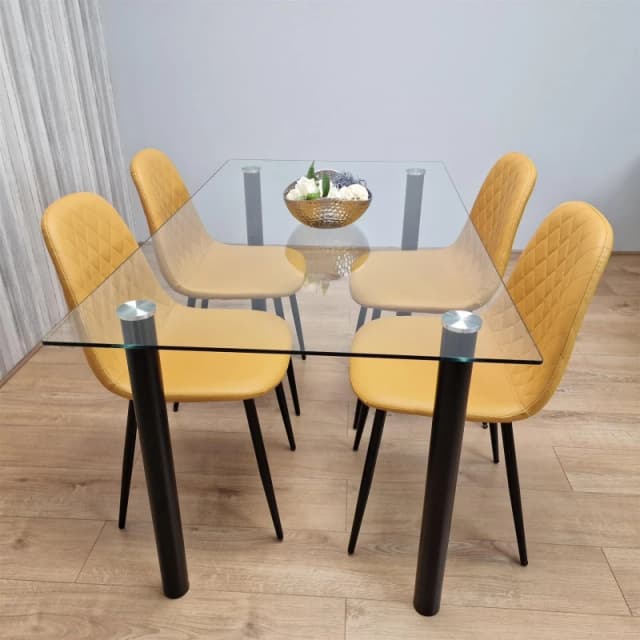 KOSY KOALA Glass Dining Table with 4 Mustard Chairs Dining Room Dining Table set for 4 Clear