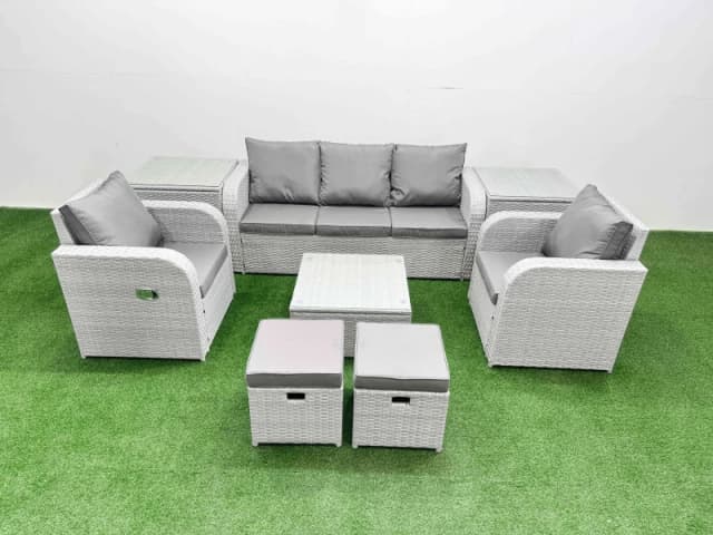 Fimous PE Rattan Garden Furniture Set Reclining Chair Sofa Lounge Sofa Set Square Coffee Table 2 Side Table 2 Small Stools Light Grey Light Grey