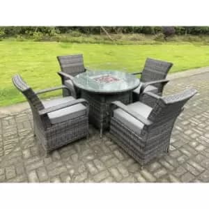 Fimous 4 Seater Outdoor Dark Grey Rattan Lounge Complete Dining Table Set with Gas Fire Pit Round Dining Table