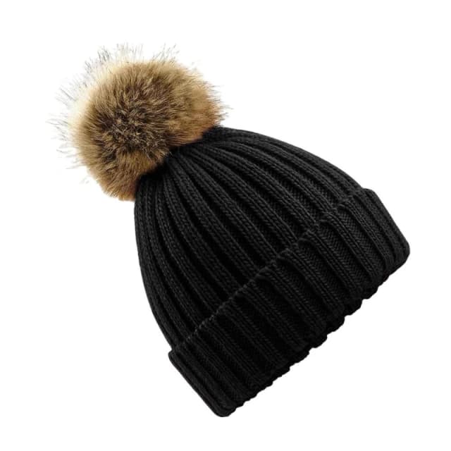 Beechfield Beechfield Fur Pop Pom Chunky Beanie in Black One Size Unisex 5063470759149