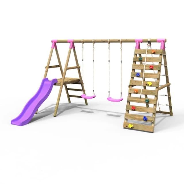 Rebo Wooden Double Swing Set with Climbing Wall and Slide - Jade Pink Pink