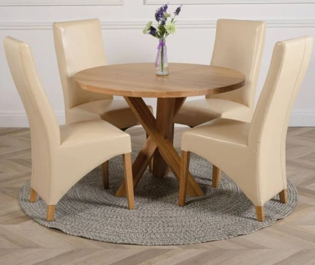 Thats Furniture Oregon Round Oak Dining Table & 4 Lola Leather Chairs in Cream Cream Unisex