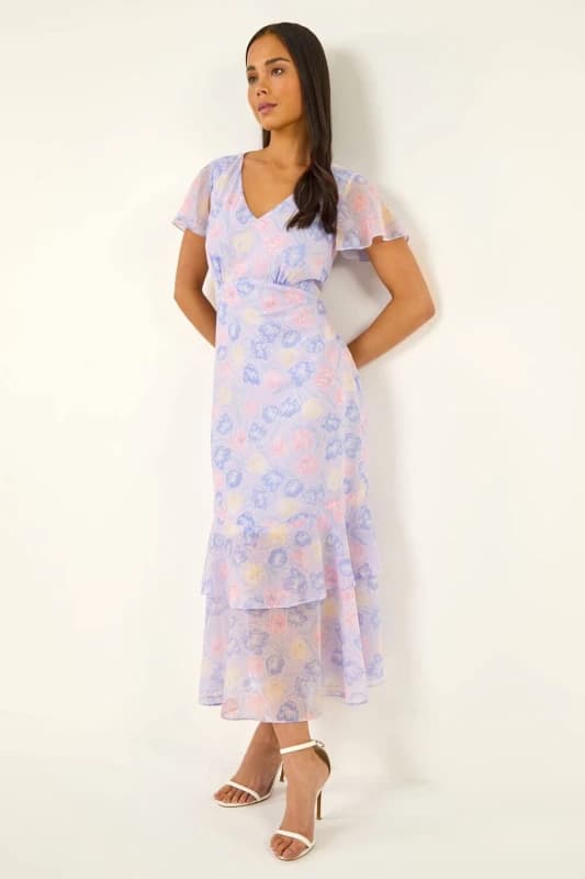 Roman Womens Petite Floral V-Neck Frill Midi Dress in Lilac Size: 14 Lilac Female 14