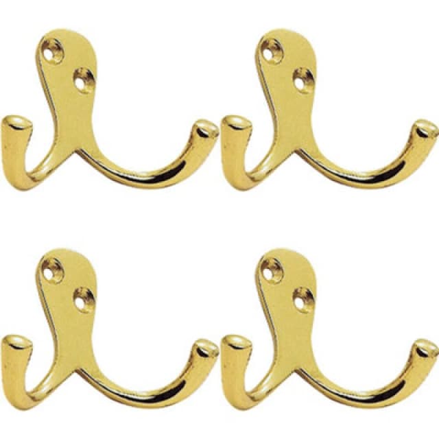 Loops 4x Victorian One Piece Double Bathroom Robe Hook 26mm Projection Polished Brass Metallics
