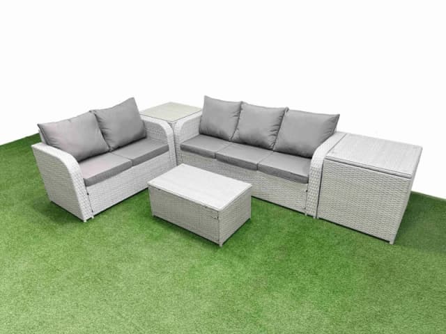 Fimous 5 Seater PE Rattan Wicker Garden Furniture Patio Conservatory Sofa Set with Rectangular Coffee Table 3 Seater Sofa Love Sofa 2 Side Table Light