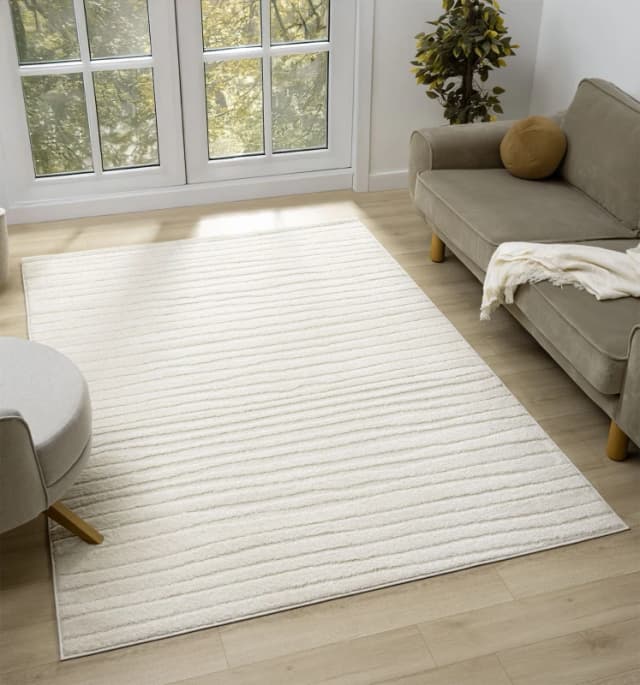 Aya Living Room Area Rugs - Embossed Lines Pattern Cream 200Cm X 290Cm
