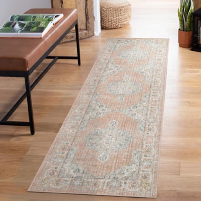 Maia Washable Low Pile Non Slip Orchid Traditional Area Rug - Coral, 60 X 220 Cm (Runner)