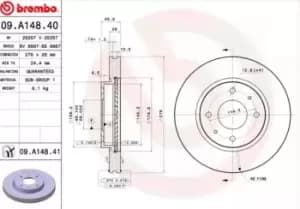 BREMBO Brake disc Internally Vented 09.A148.41 Brake rotor,Brake discs MITSUBISHI,Lancer VII Kombi (CS_W, CT_W),Galant VIII Limousine (EA_)