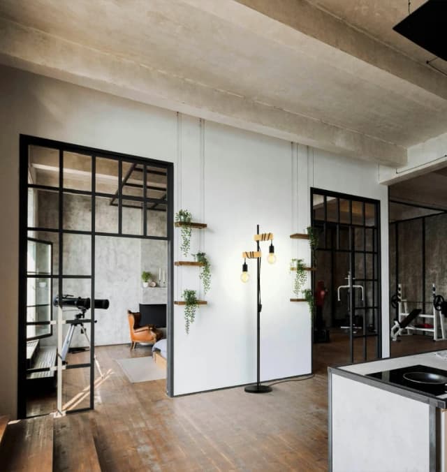 EGLO Townshend 5 Black Metal & Natural Wood 2-Light Floor Lamp - Industrial Style (D) 25cm Black