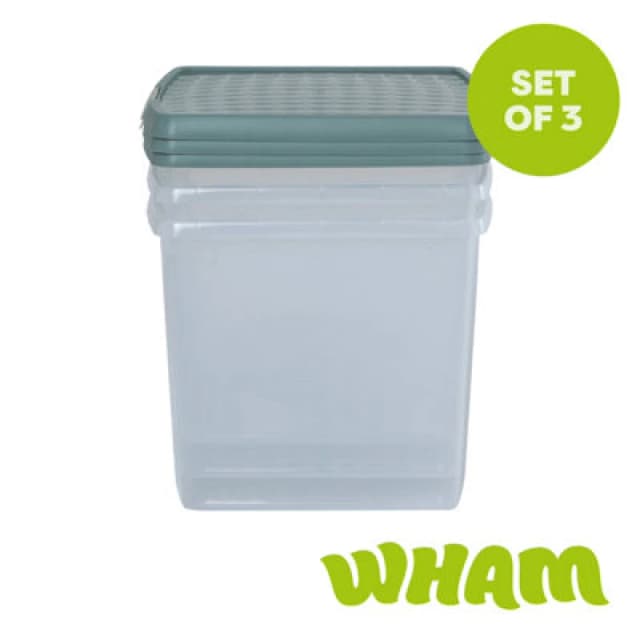 Wham Clip 3X 37L Square Plastic Storage Boxes With Clip Lock Lids. Ideal For Home, Office, Toys & More - Clear/green Milieu