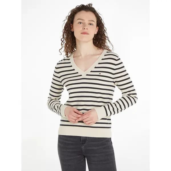 Breton Striped Jumper with V-Neck in Cotton Mix