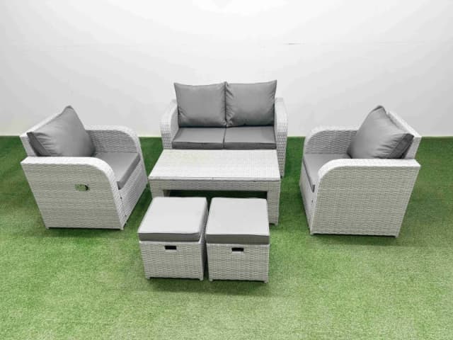 Fimous Light Grey PE Wicker Rattan Garden Furniture Set Sofa Set Reclining Adjustable Chair Oblong Coffee Table 6 Seater 2 Small Stools Light Grey