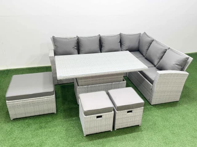 Fimous 9 Seat Rattan Garden Furniture Corner Sofa Set with Armchair 3 Stools in Light Grey Light Grey Unisex