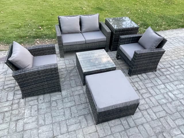 Fimous 6 PCS Outdoor Lounge Sofa Set Wicker PE Rattan Garden Furniture Set with Armchair Squar Coffee Table in Dark Grey Dark Grey Unisex