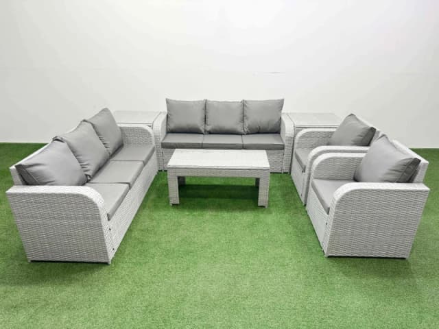 Fimous PE Rattan High Back Lounge Sofa Set Patio Oblong Coffee Table & Chairs Set with 3 Seater Sofa Reclining Chair 2 Side Table Light Grey Light Gre