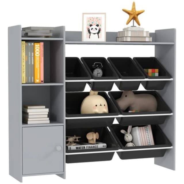 AIYAPLAY Toy Storage Unit w/ 8 Removable Bins, Storage Shelves, Cabinet, Grey 311-091V80GY