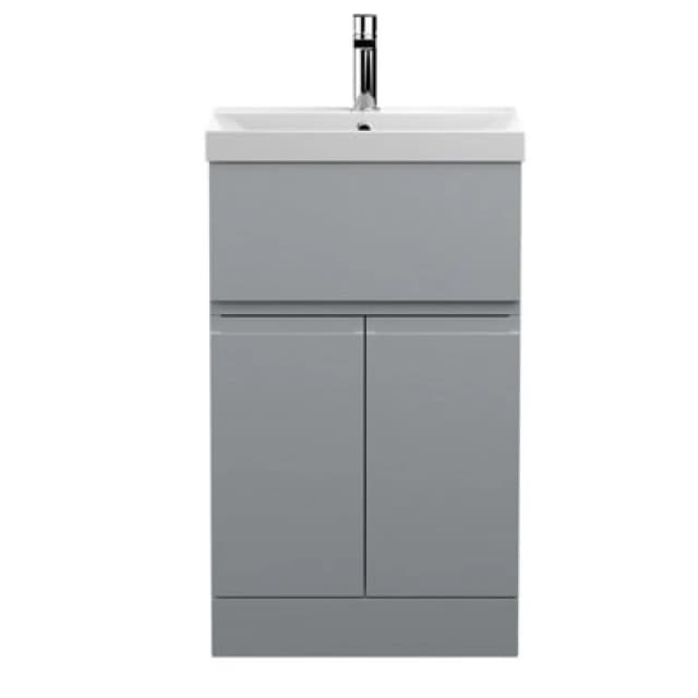 Nuie Hudson Reed Urban Floor Standing 2 Door 1 Drawer Vanity Unit With Thin-Edge Basin, Modern Vanity Unit In Satin Grey, 500mm