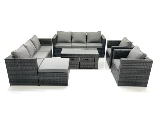 Fimous Rattan Garden Furniture Sofa Set with Coffee table Armchair 3 Footstools Dark Grey Mixed Dark Grey