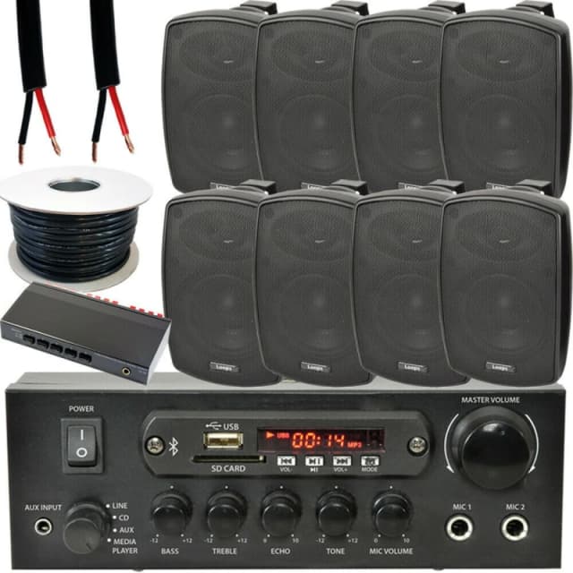 Loops 4 Zone Outdoor Bluetooth Kit 8x 60W Black Speaker Stereo Amplifier Garden BBQ Black unisex