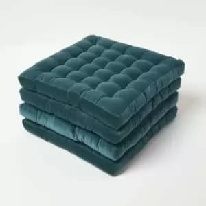 Set of 4 Teal Green Quilted Velvet Chair Pad, 40 x 40cm - Green - Homescapes