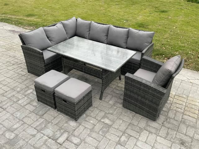 Fimous Outdoor Rattan Garden Furniture Corner Sofa Set with Rectangular Dining Table 2 Small Footstools Armchair in Dark Grey Dark Grey Unisex