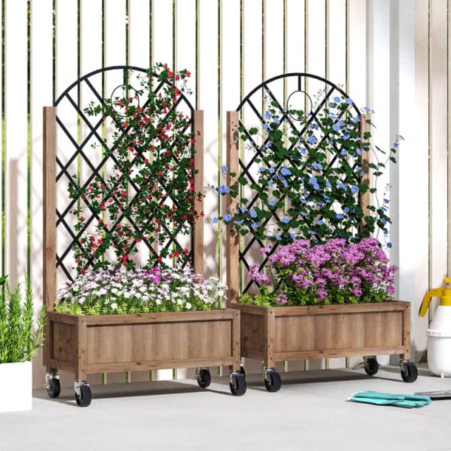 Outsunny Outsunny Pack of 2 Wooden Raised Bed, Outdoor Planter Box w/ Metal Trellis Brown