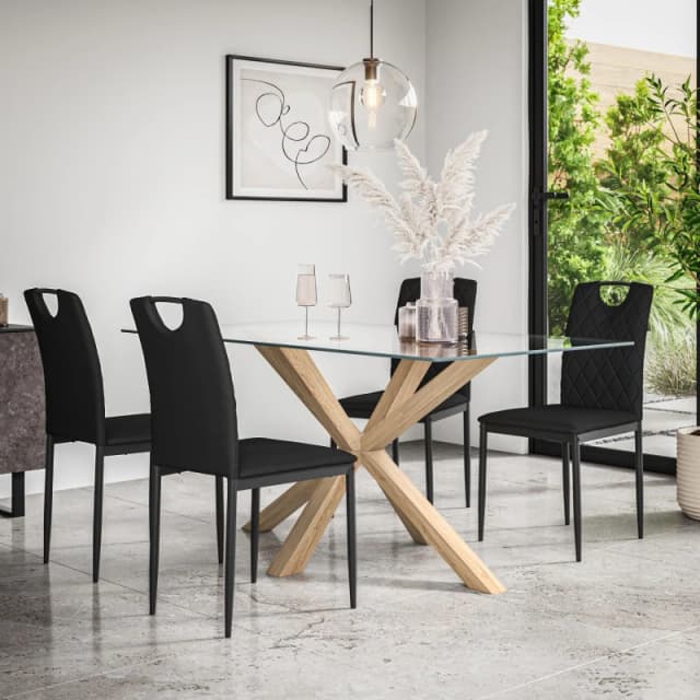 More4Homes Etta Glass Dining Table And Chairs - Glass Top W Solid Oak Legs + Monza Faux Leather Dining Chair Set Of 4 (Black)