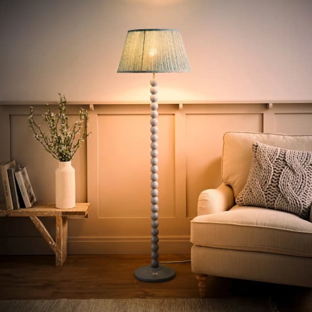 ValueLights ValueLights Bobbin Bobbles Floor Lamp with Leaf Pleated Taper Lamp Shade and Bulb in Pale Blue Pale Blue One Size Unisex 5059406069048