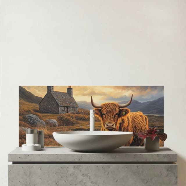 Warren Reed - Designer Highland Cow & A Cottage Glass Bathroom Splashback in Brown Brown Unisex