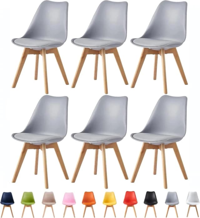 MCC Direct Set of 6 Dining Chairs with Solid Wooden Legs & Seat Cushion Pads in Grey - Eva by MCC Grey Unisex