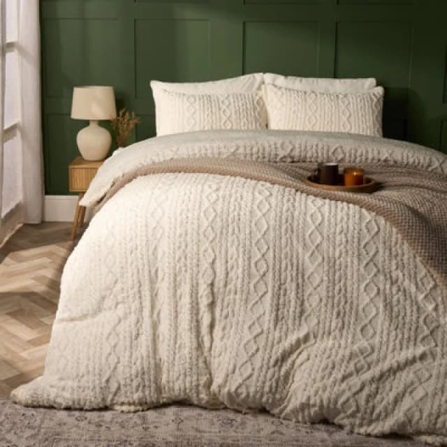OHS OHS Cable Knit Fleece Duvet Cover Set Warm Reversible Bedding in Cream Size: Single Cream Single Unisex 5027434189212