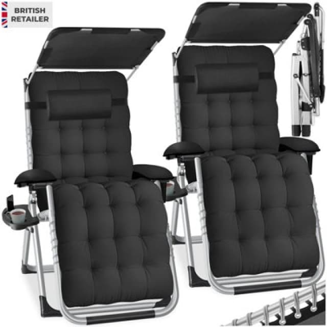 Tectake Sun Lounger Cirrus With Plush Padding, Built-In Sun Shade And Folding Function - Black - Set Of 2