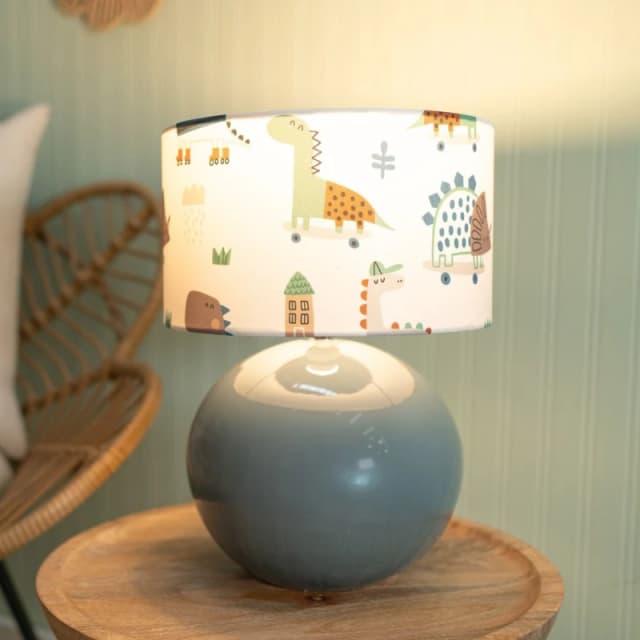 ValueLights Bosco Eucalyptus Teal Globe Ceramic Table Lamp with Cartoon Dino Shade and Bulb Multi