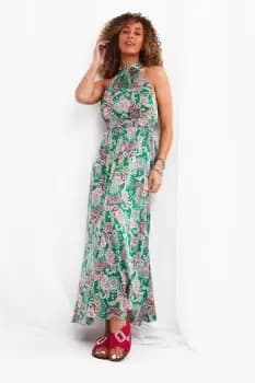 Silky Paisley Shirred Waist Halterneck Maxi Dress