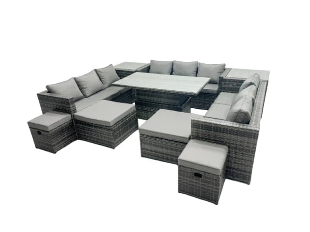 Fimous Rattan Dining Table Sofa Set with 2 Side Tables Stools Outdoor 13 Seat in Dark Grey Dark Grey Unisex