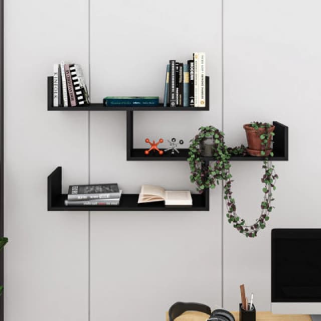 DECORTIE Decortie - Tibet Wall Mounted Modern Bookcase Display Unit w 119cm Wide - Black Bute - Black Bute M.KT.01.11043.6
