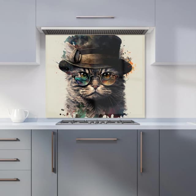 Warren Reed - Designer Cat With Glasses & Hat Splashart Kitchen Splashback Size: 600mm x 750mm Multicolor Unisex 600mm x 750mm