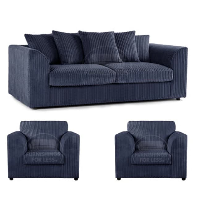 Furnishings For Less UK Luxor Jumbo Cord 3 + 1 + 1 Fabric 3 Piece Sofa Suite - Scatter Back Navy Blue
