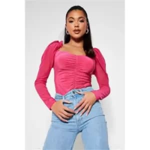 I Saw It First Hot Pink Mesh Frill Sleeve Slinky Top - Pink
