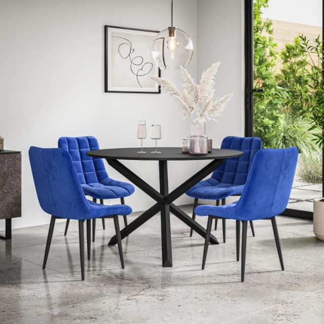 More4Homes Malvern Round Dining Table And Chairs - Black Table Top W Solid Black Oak Legs + Nova Velvet Dining Chair Set Of 4 (Blue)