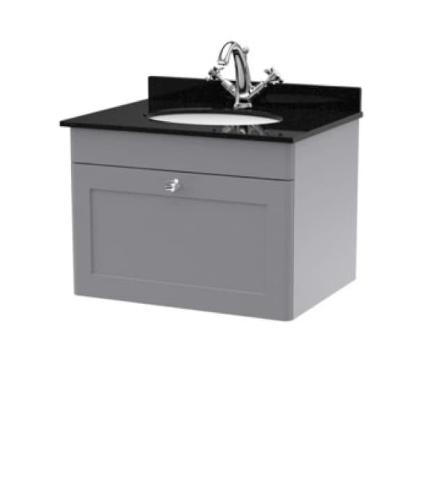 Nuie Classique Wall Hung 1 Drawer Vanity Unit & 1 Tap Hole Black Marble Top With Oval Basin, Contemporary Sink Vanity Unit In